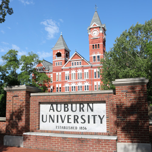 Samford Hall and the Auburn University sign