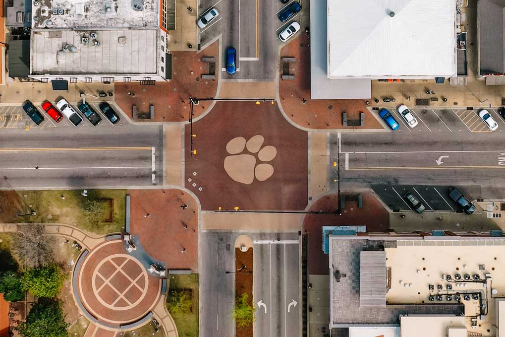 Overhead view of Toomer's Corner, Auburn's intersection of "Town and Gown"
